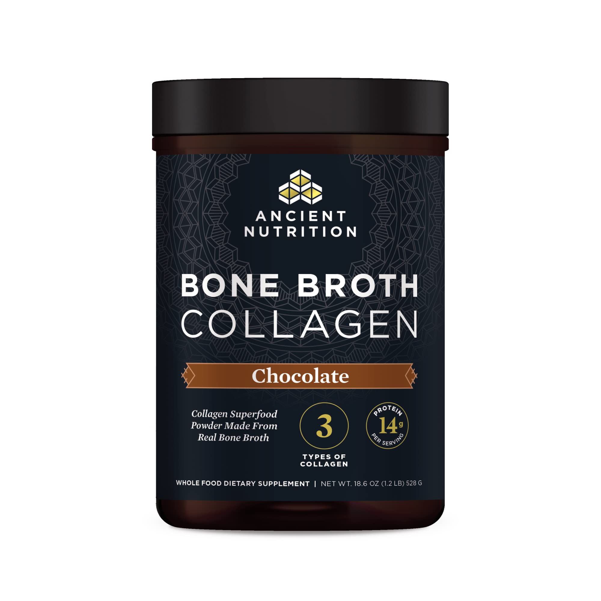 Ancient Nutrition envase frontal mostrando etiqueta y beneficio de colágeno