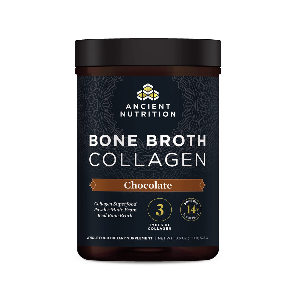Ancient Nutrition envase frontal mostrando etiqueta y beneficio de colágeno