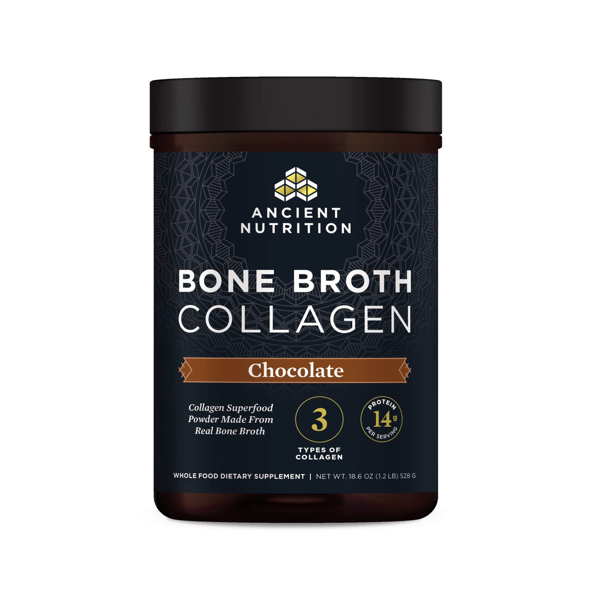 Ancient Nutrition envase frontal mostrando etiqueta y beneficio de colágeno