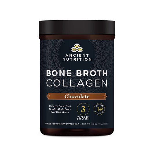 Ancient Nutrition envase frontal mostrando etiqueta y beneficio de colágeno
