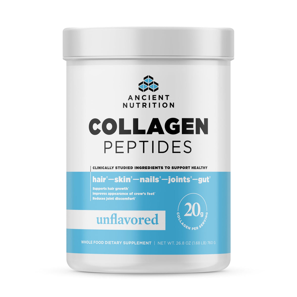 Ancient Nutrition envase frontal del polvo de colágeno, aspecto confiable y completo