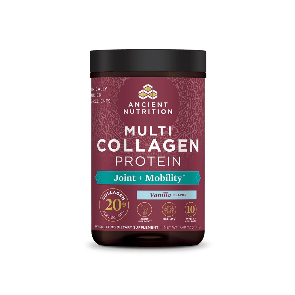 Ancient Nutrition frasco frontal mostrando la marca y beneficios visibles