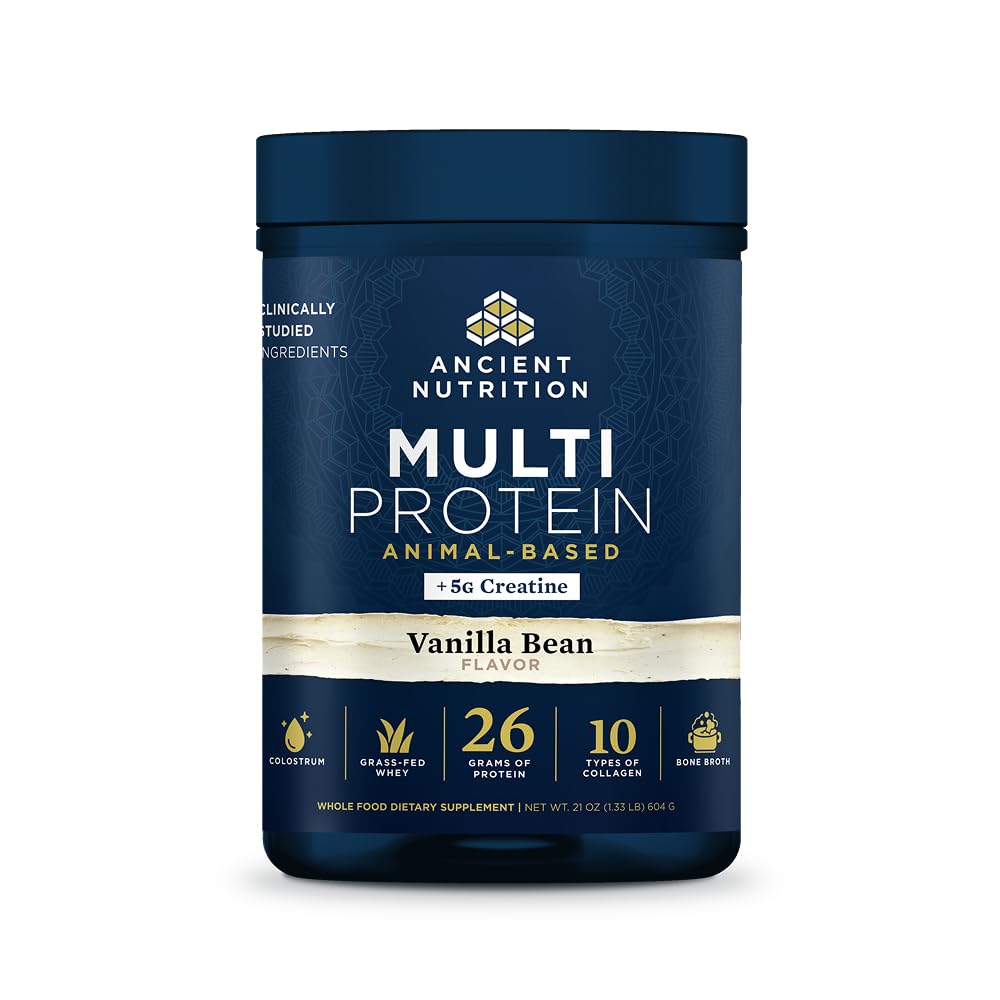 Ancient Nutrition frasco delantero mostrando la marca y beneficio de proteína completa