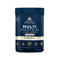 Ancient Nutrition frasco delantero mostrando la marca y beneficio de proteína completa