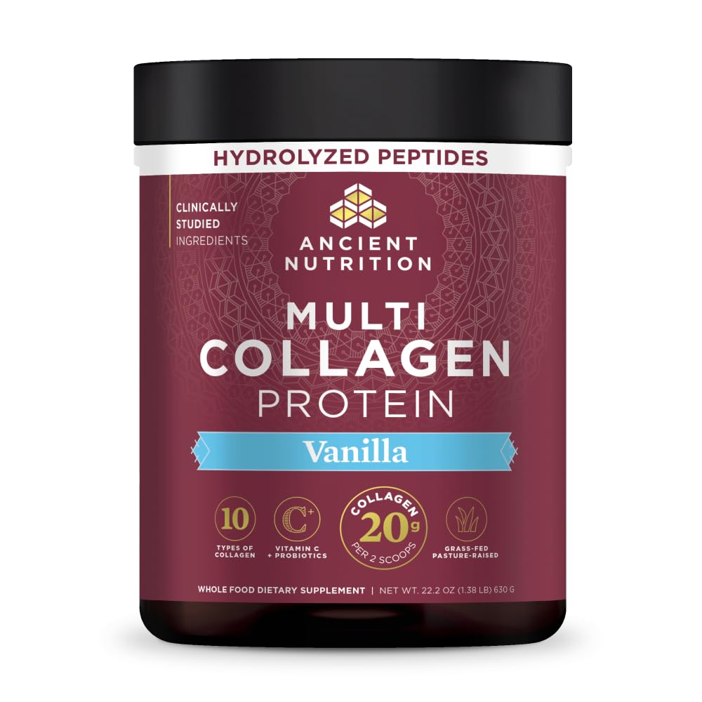 Ancient Nutrition frasco frontal mostrando etiqueta y sabor vainilla, aporte claro