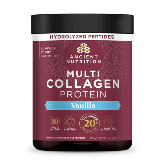 Ancient Nutrition frasco frontal mostrando etiqueta y sabor vainilla, aporte claro