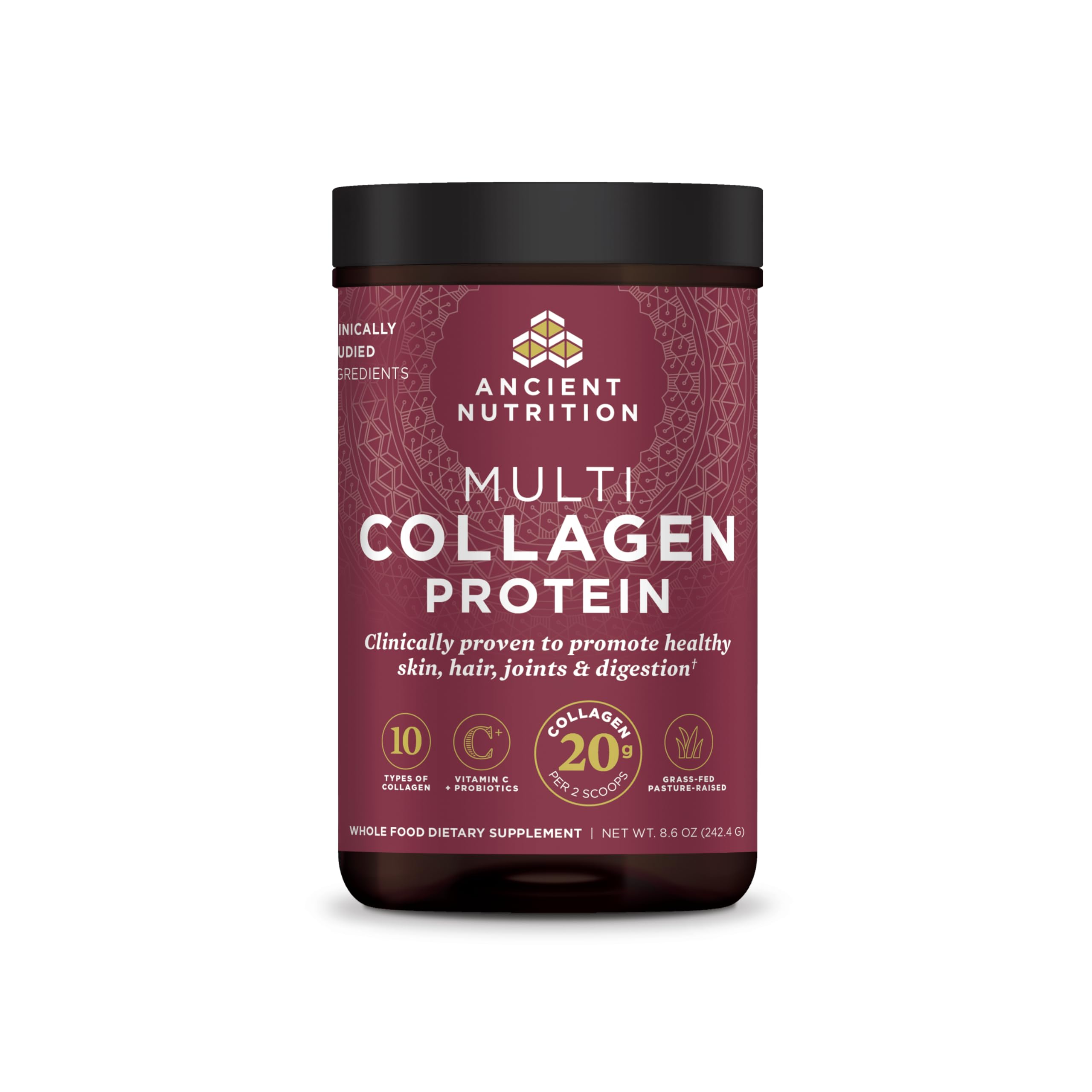 Ancient Nutrition frasco frontal mostrando el empaquetado y beneficio integral