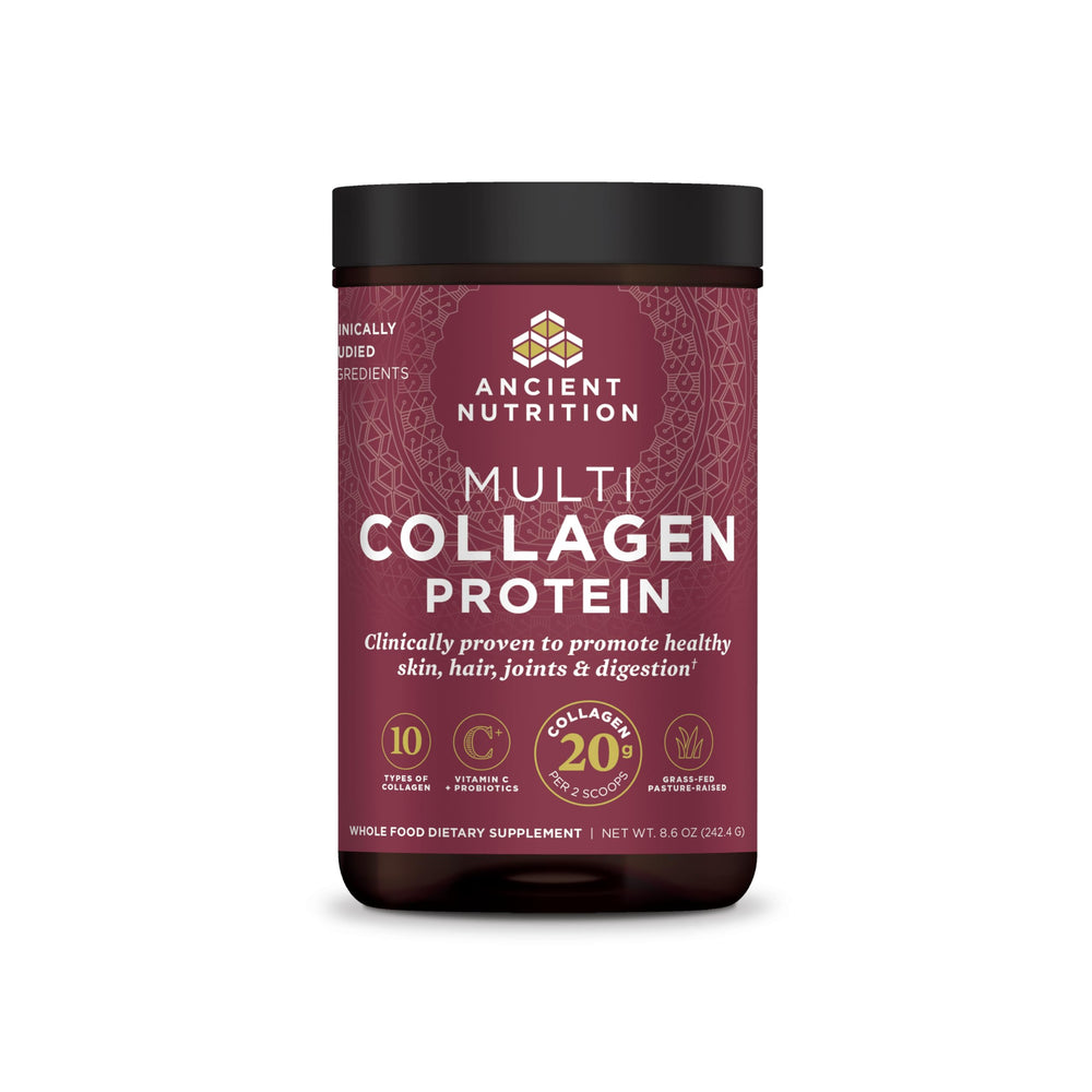 Ancient Nutrition frasco frontal mostrando el empaquetado y beneficio integral