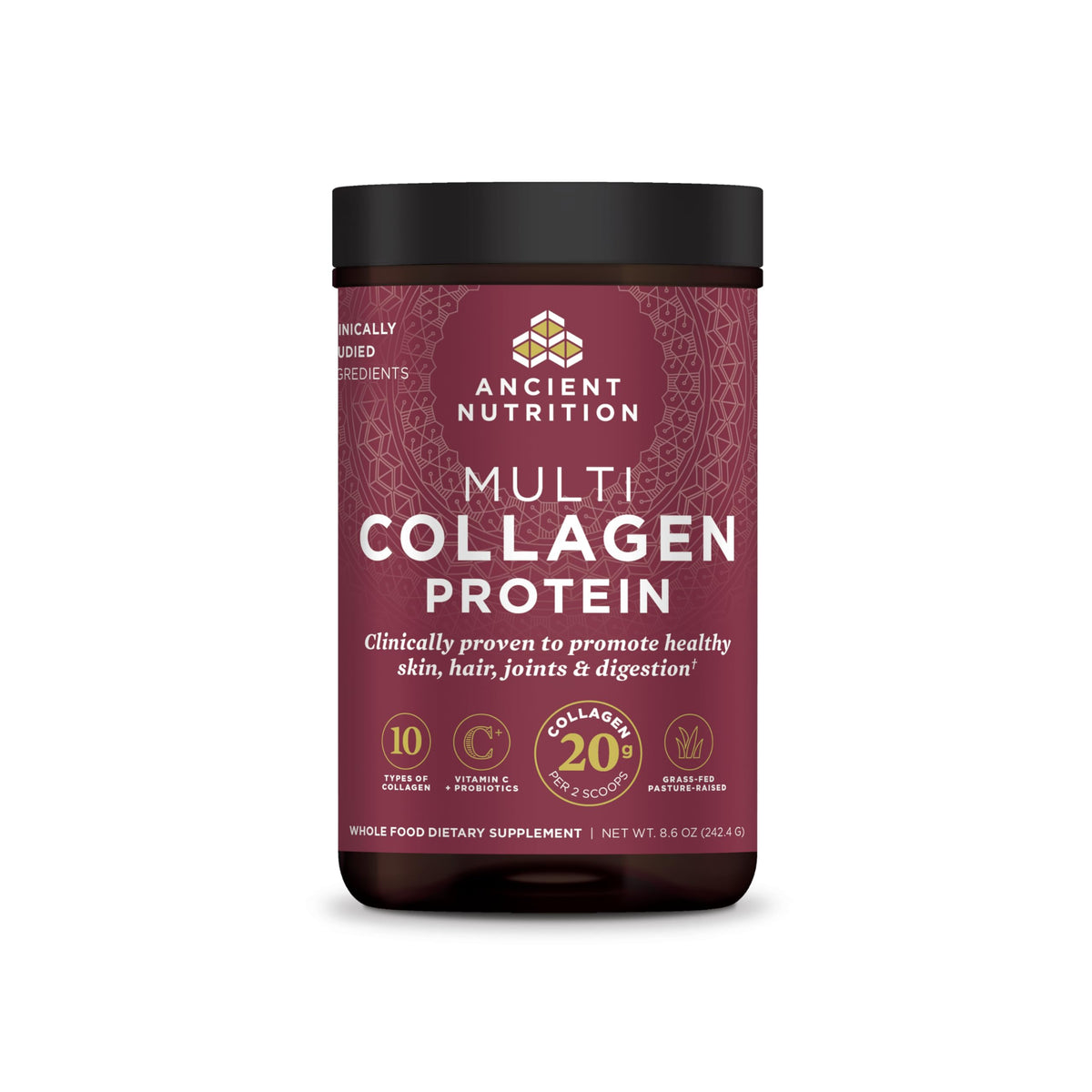 Ancient Nutrition frasco frontal mostrando el empaquetado y beneficio integral