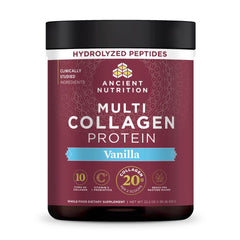 Ancient Nutrition frasco frontal mostrando etiqueta y sabor vainilla, aporte claro
