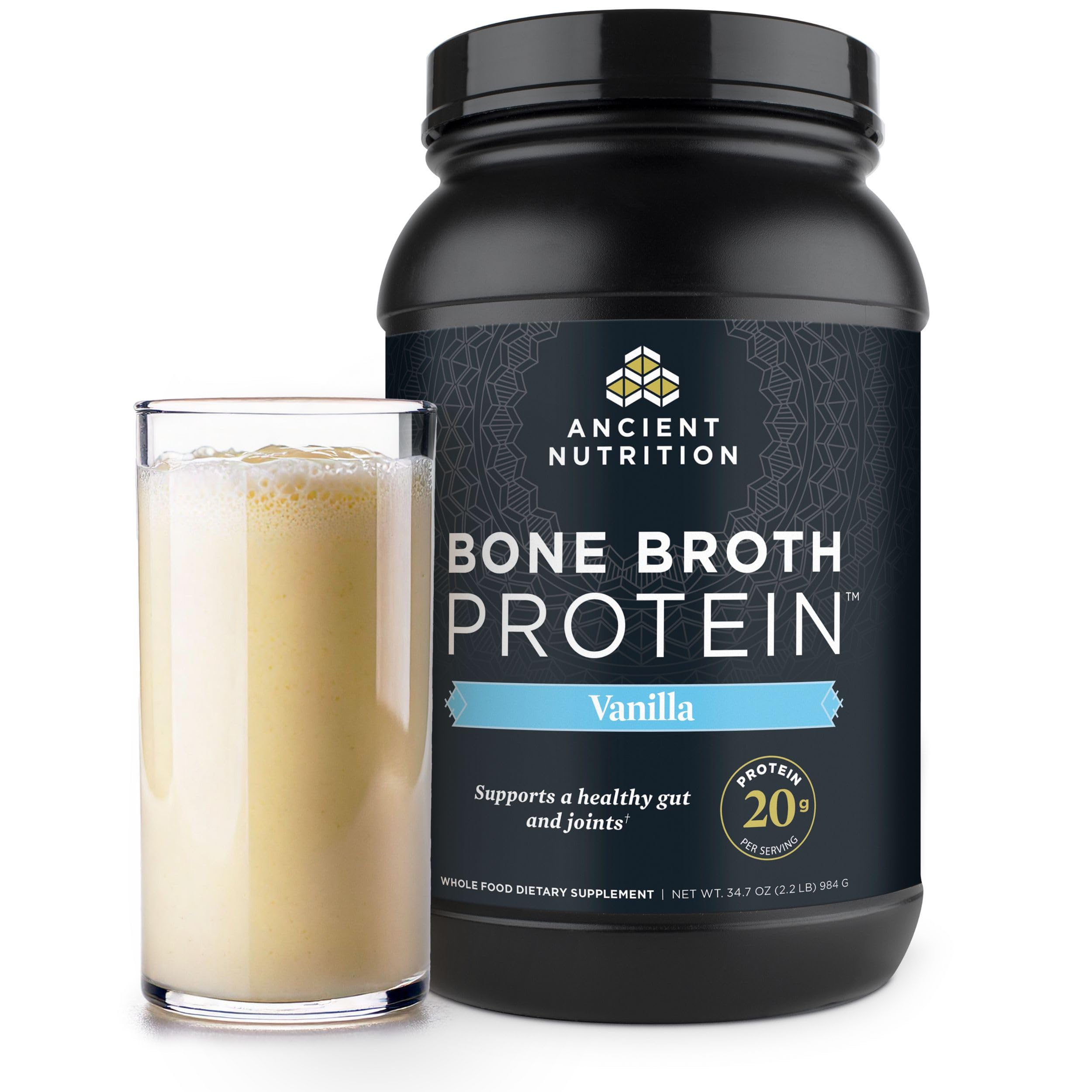 Ancient Nutrition empaque frontal mostrando sabor vainilla y beneficios