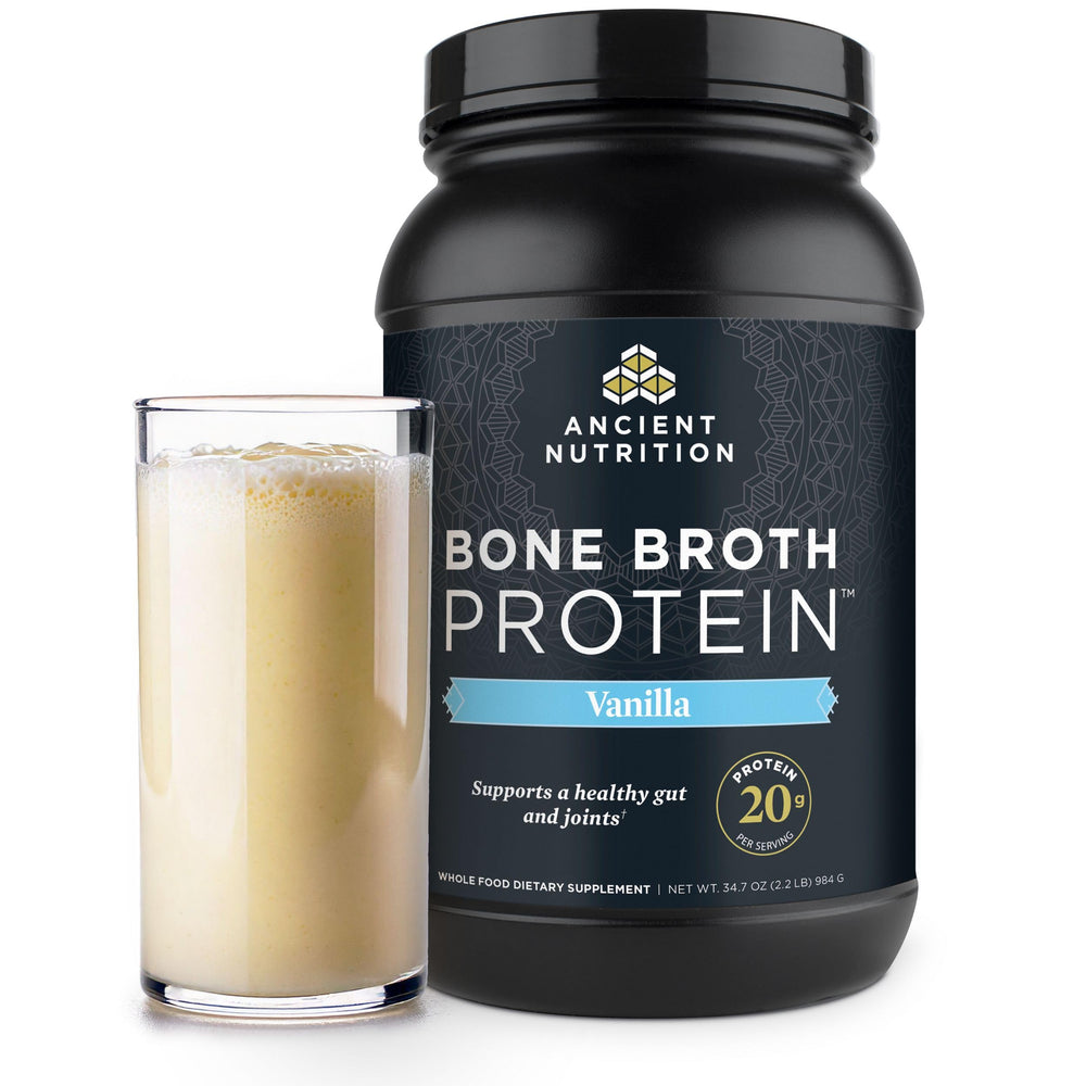 Ancient Nutrition empaque frontal mostrando sabor vainilla y beneficios