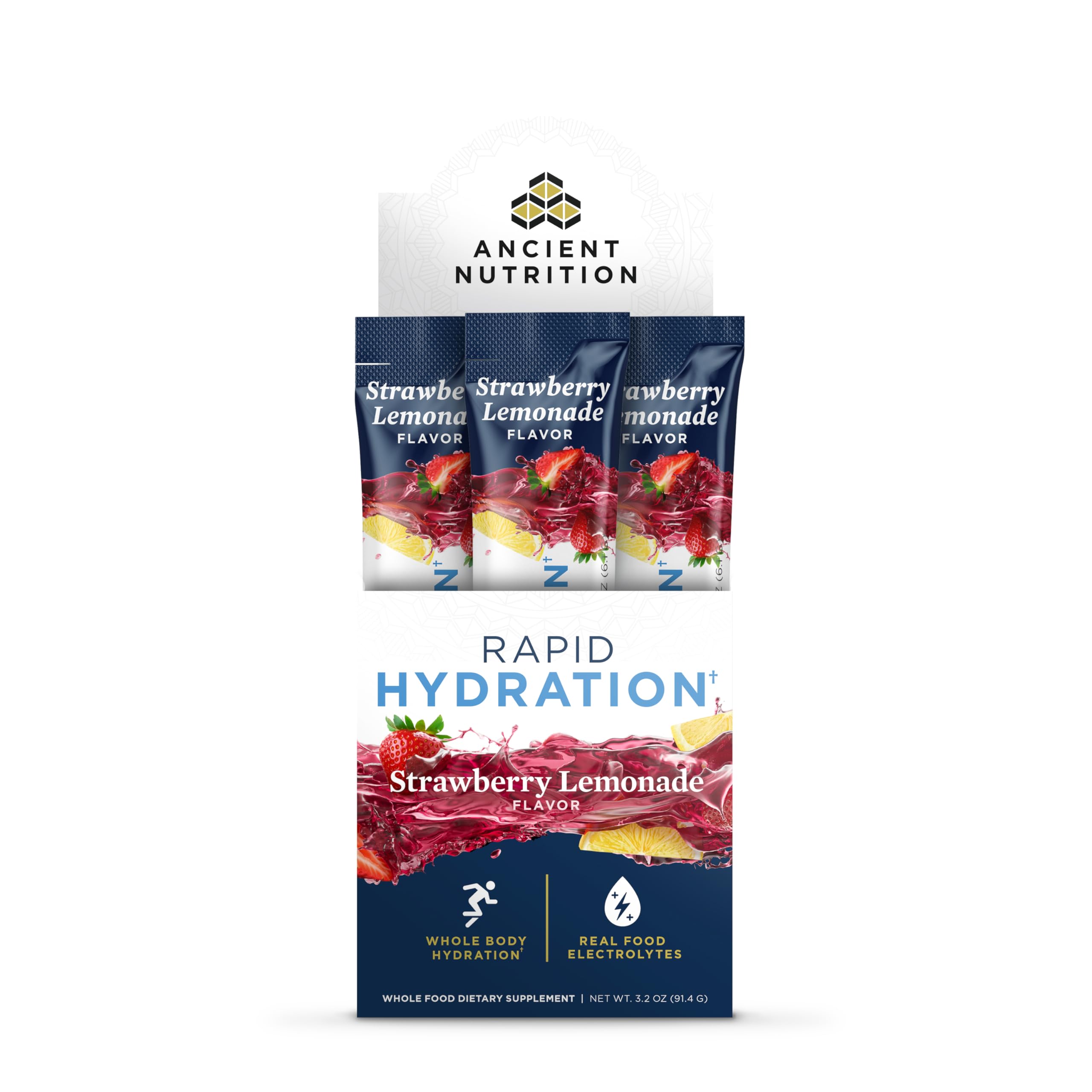 Ancient Nutrition empaque frontal del producto que muestra sabor y beneficios