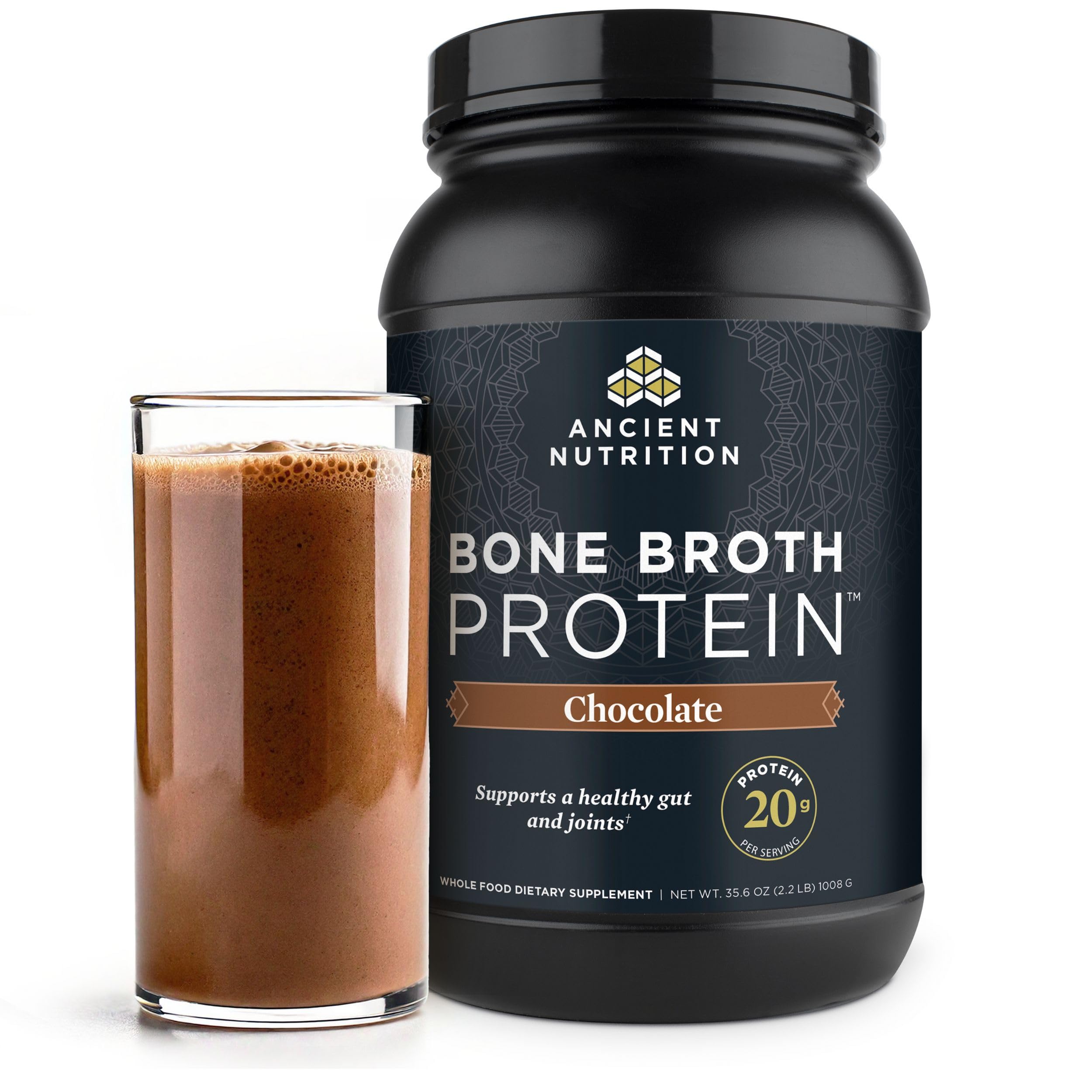 Ancient Nutrition frente del empaque mostrando sabor y beneficios