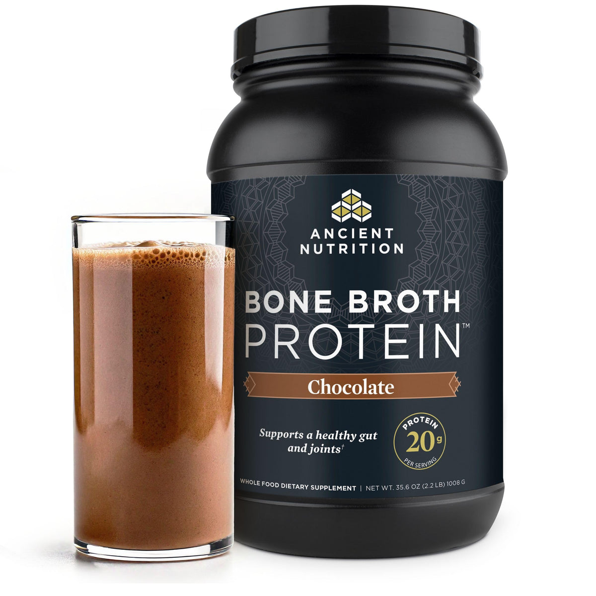 Ancient Nutrition frente del empaque mostrando sabor y beneficios