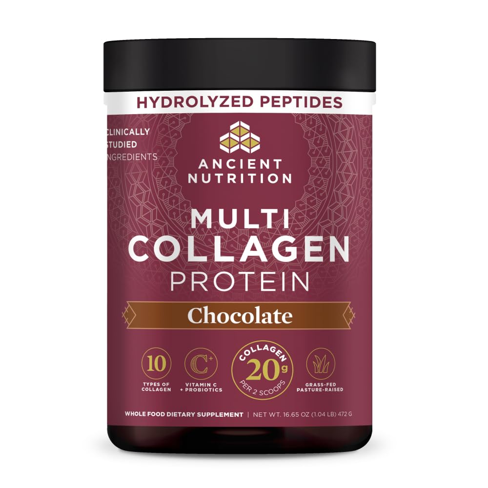 Ancient Nutrition frente del envase chocolate mostrando diseño y beneficio integral