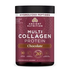 Ancient Nutrition frente del envase chocolate mostrando diseño y beneficio integral