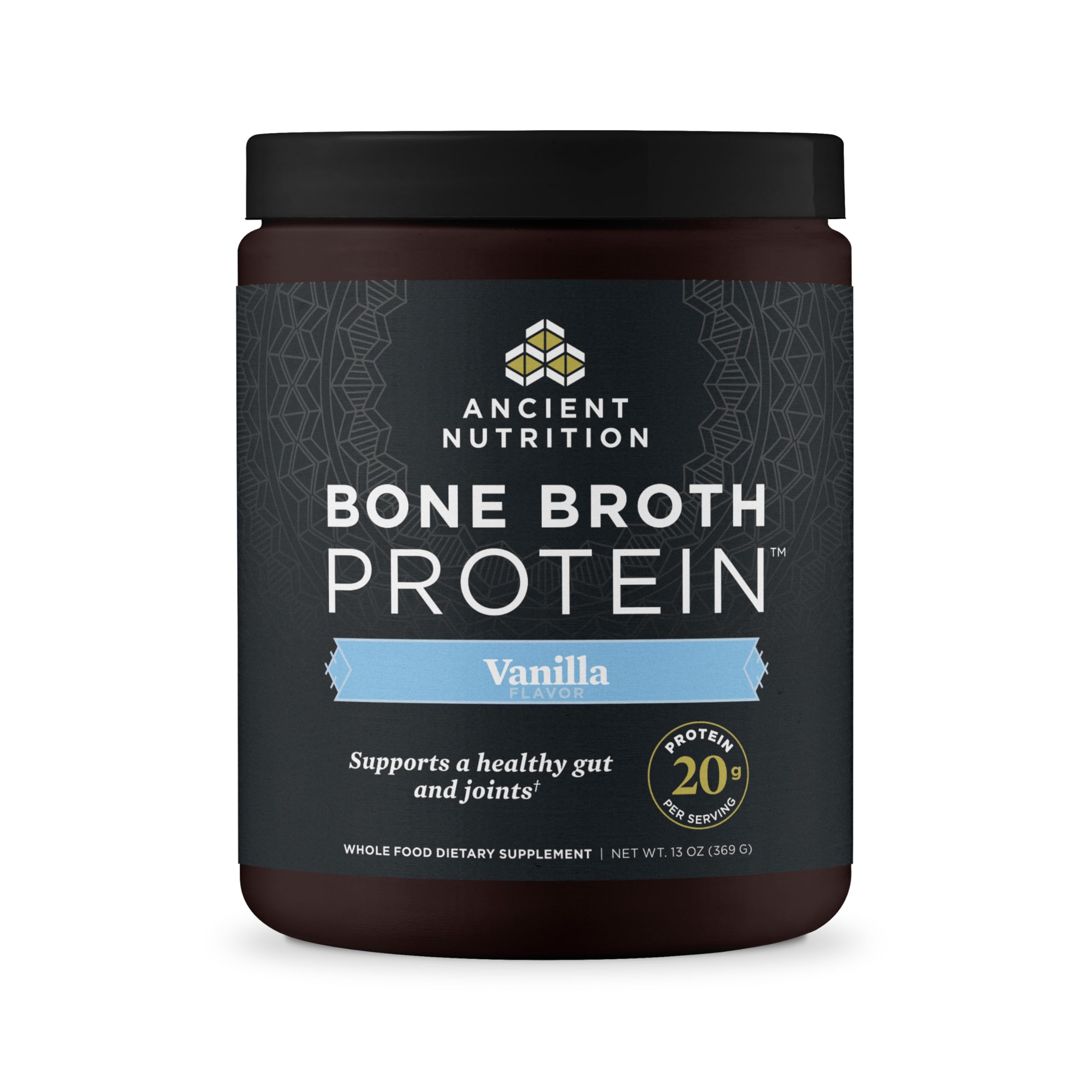 Ancient Nutrition frente del envase mostrando la marca y sabor vainilla, práctico y confiable