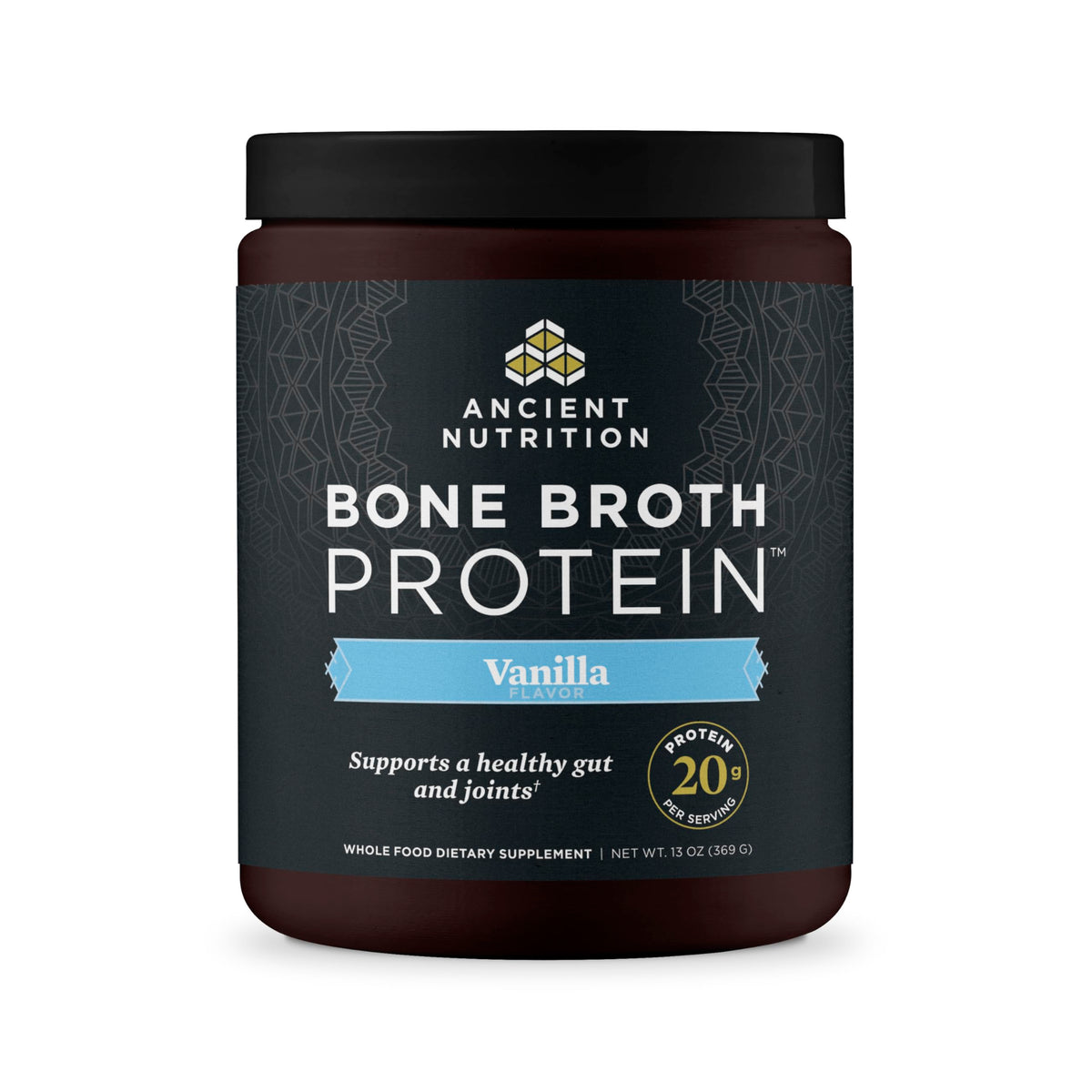 Ancient Nutrition frente del envase mostrando la marca y sabor vainilla, práctico y confiable