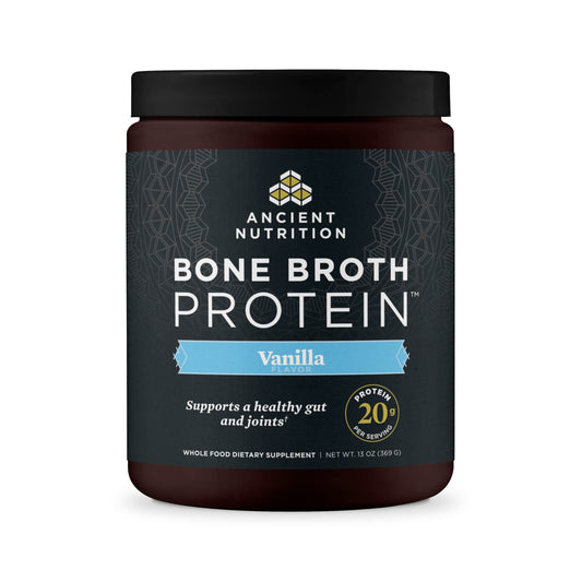 Ancient Nutrition frente del envase mostrando la marca y sabor vainilla, práctico y confiable
