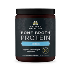 Ancient Nutrition frente del envase mostrando la marca y sabor vainilla, práctico y confiable
