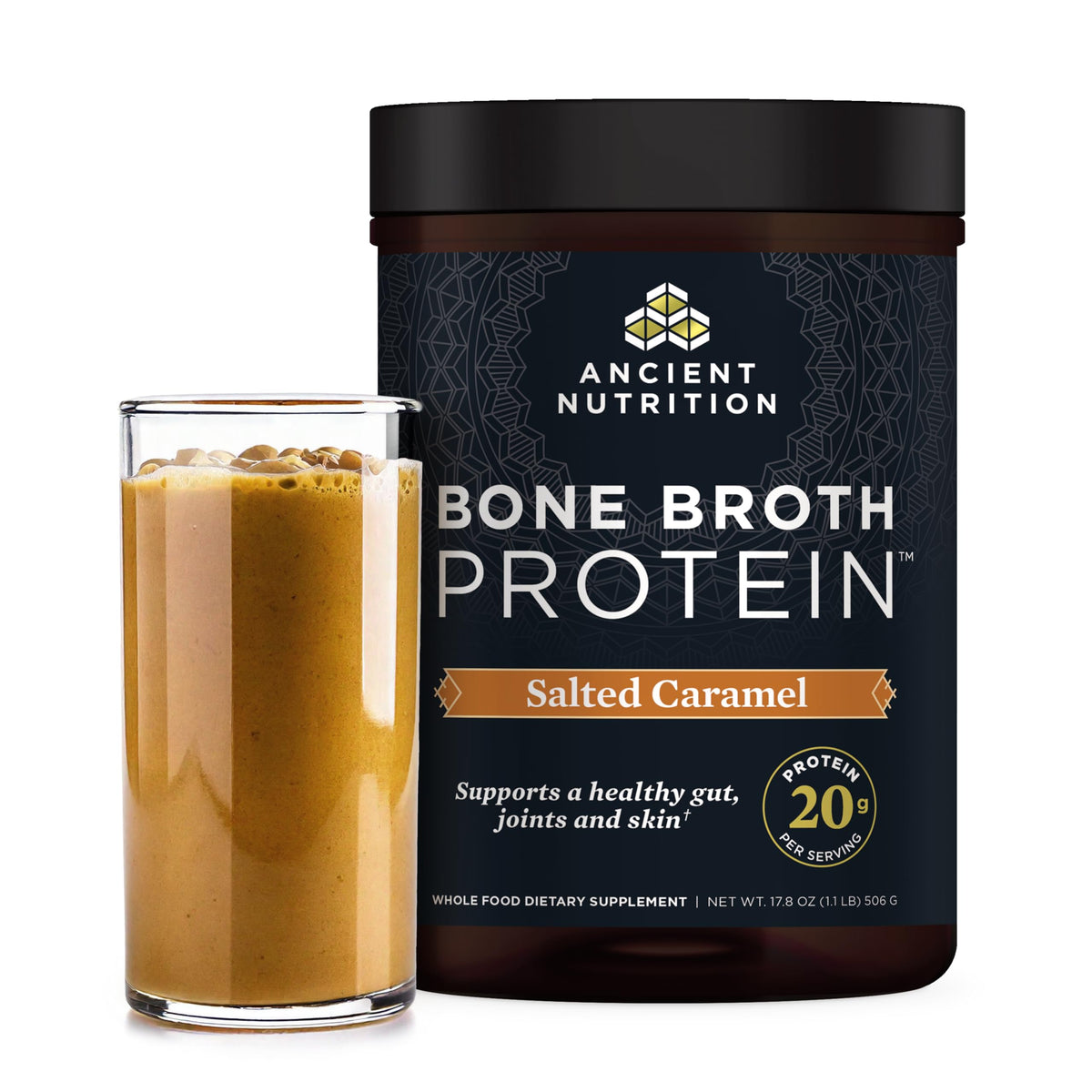 Ancient Nutrition envase frontal mostrando sabor Salted Caramel y beneficios