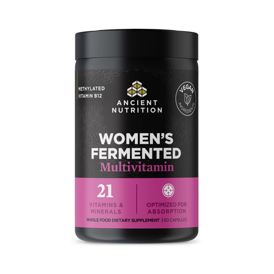 Ancient Nutrition frasco frontal mostrando la etiqueta y beneficios visibles