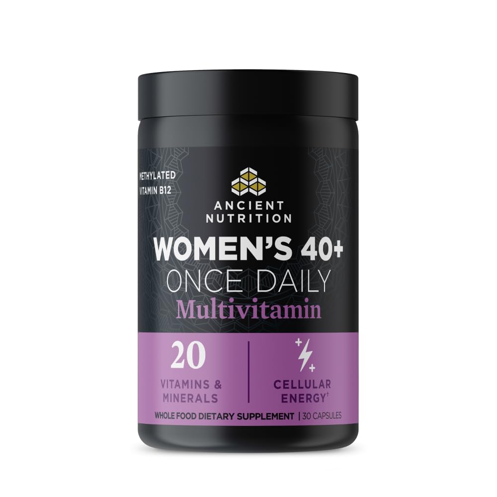 Ancient Nutrition envase frontal que muestra multivitamínico para mujeres 40+ y beneficios claros