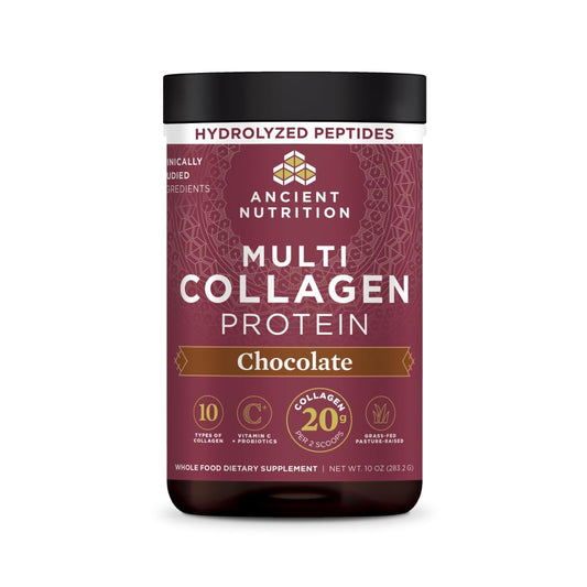 Ancient Nutrition envase frontal chocolate mostrando etiqueta y beneficio multicolágeno