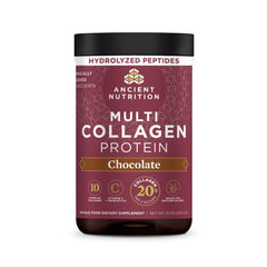Ancient Nutrition envase frontal chocolate mostrando etiqueta y beneficio multicolágeno