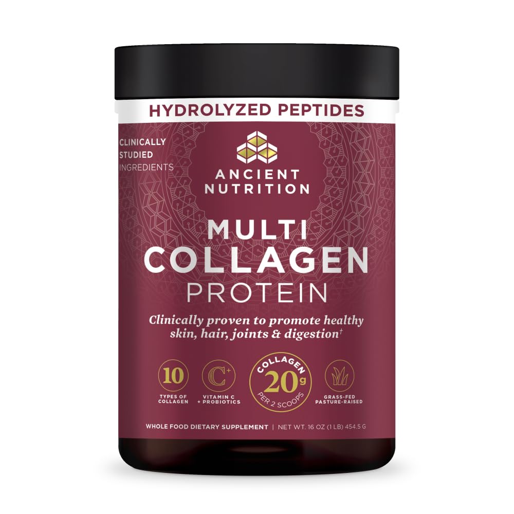 Ancient Nutrition envase frontal mostrando la marca y beneficios visibles