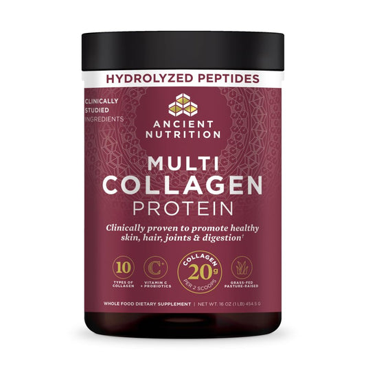 Ancient Nutrition envase frontal mostrando la marca y beneficios visibles