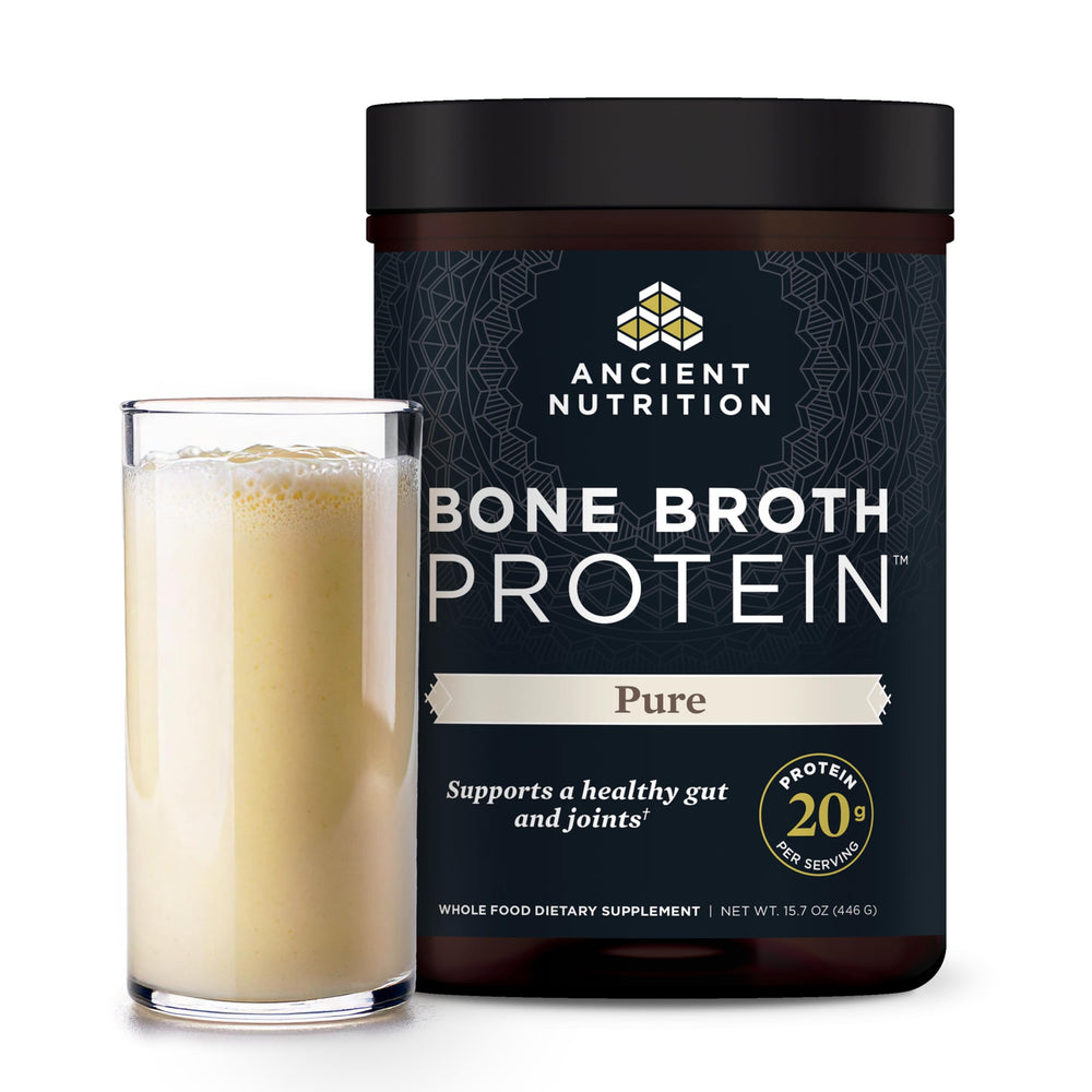 Ancient Nutrition frente del envase mostrando pureza y confianza