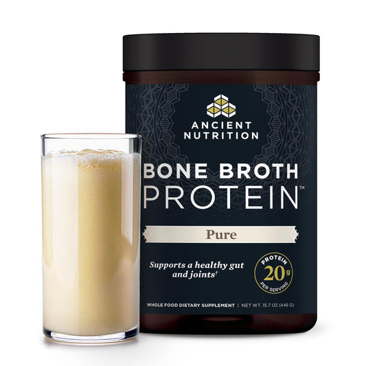 Ancient Nutrition frente del envase mostrando pureza y confianza