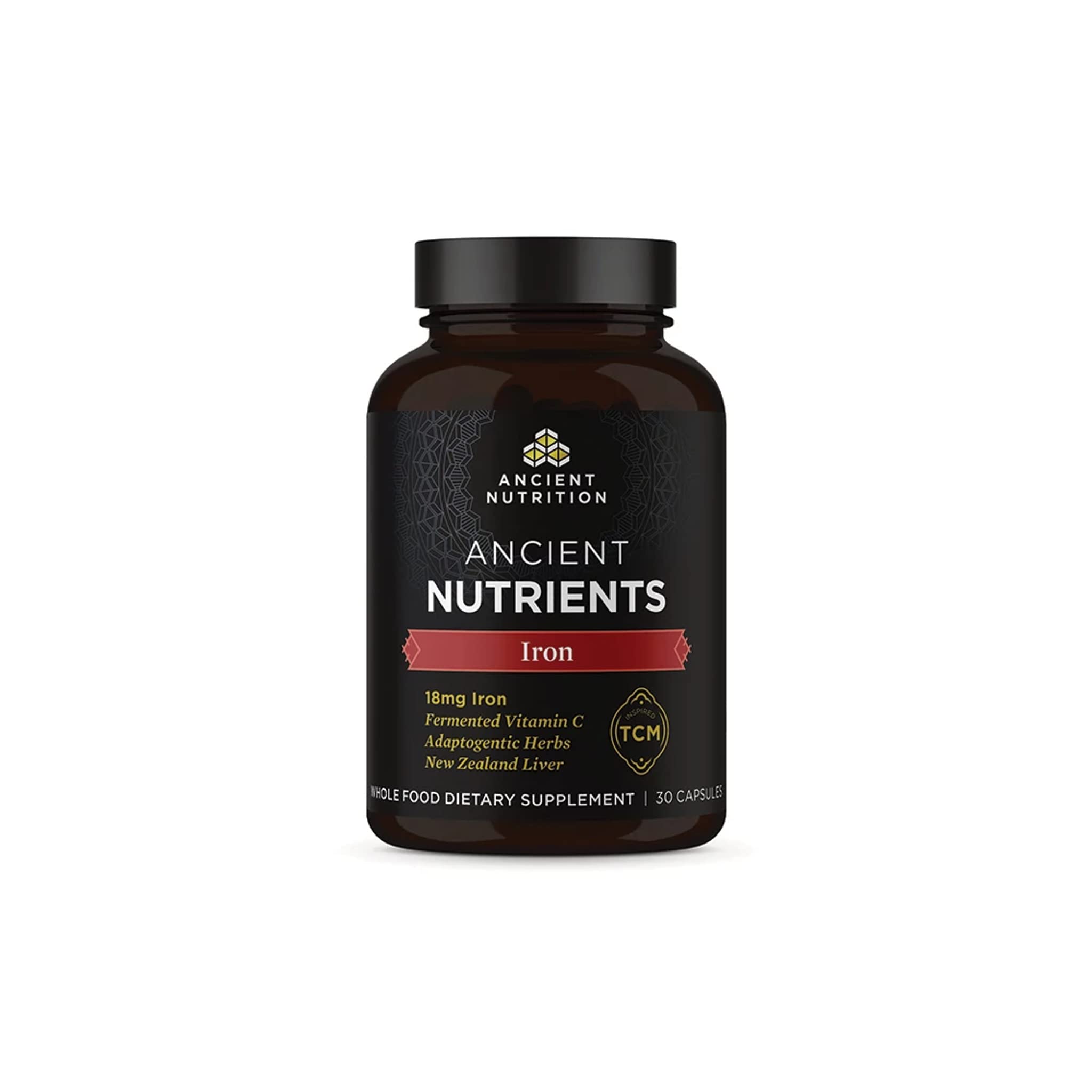 Ancient Nutrition frasco frontal mostrando la marca y beneficios claros