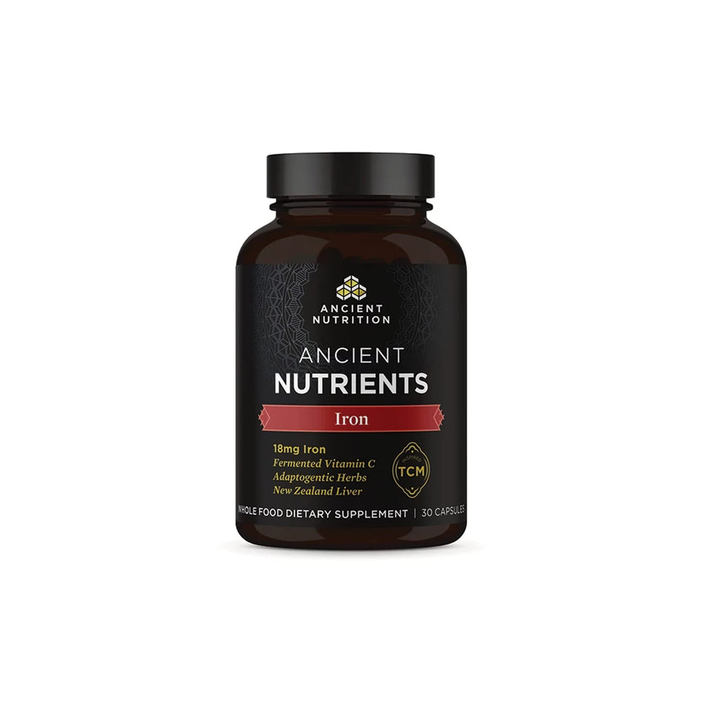 Ancient Nutrition frasco frontal mostrando la marca y beneficios claros