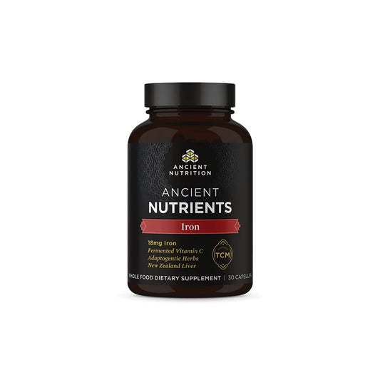 Ancient Nutrition frasco frontal mostrando la marca y beneficios claros