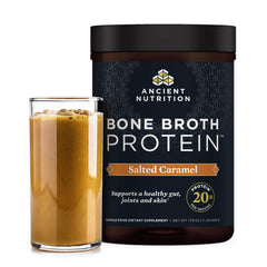 Ancient Nutrition envase frontal mostrando sabor Salted Caramel y beneficios