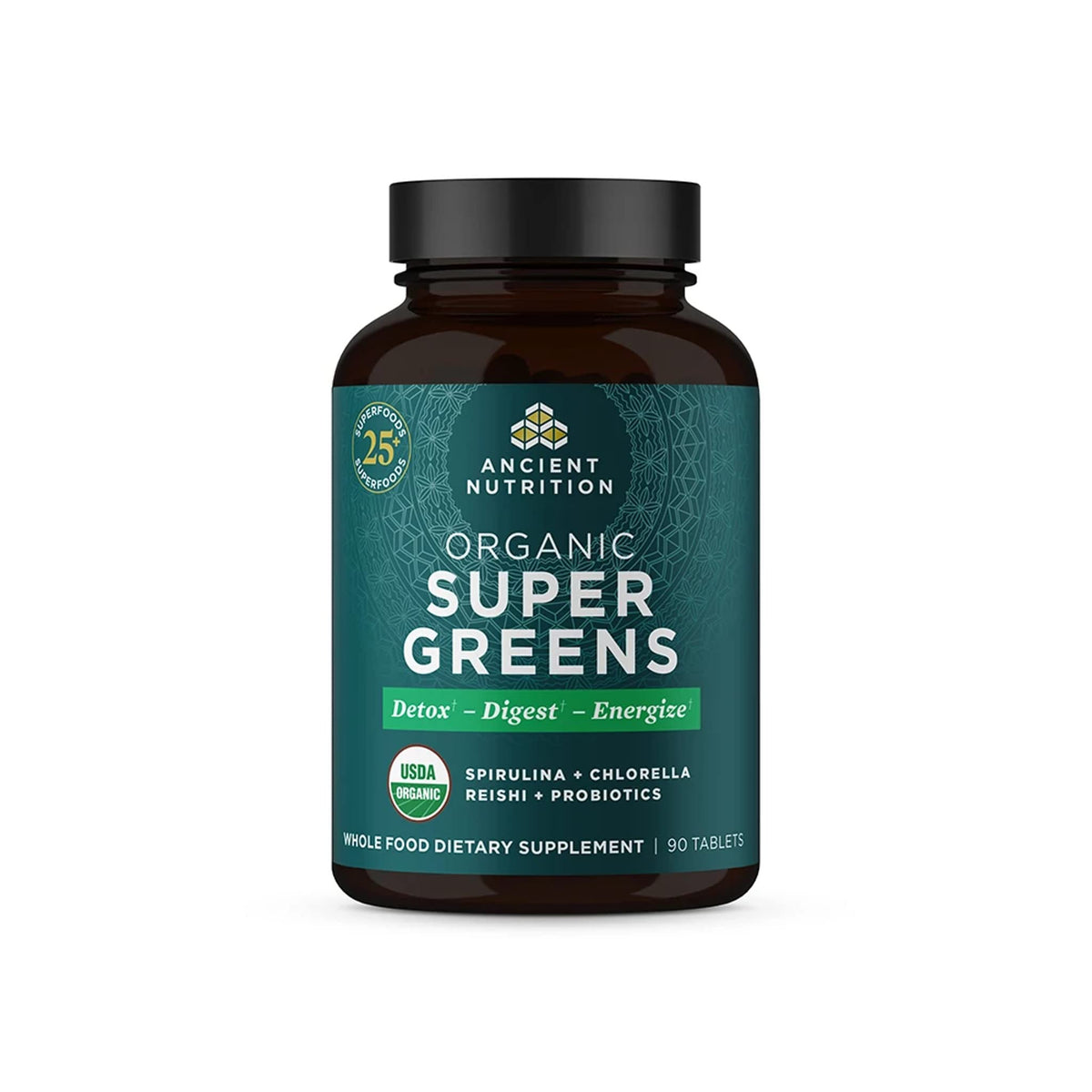 Ancient Nutrition envase frontal de Organic Super Greens mostrando beneficios diarios
