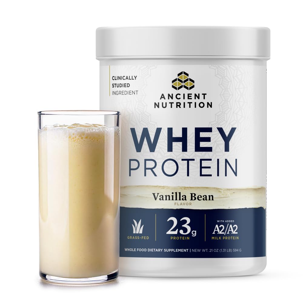 Ancient Nutrition envase frontal mostrando sabor vainilla y proteína 23 g