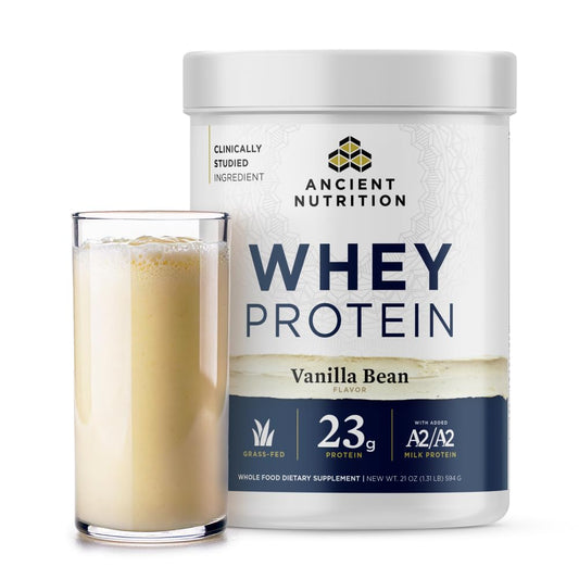 Ancient Nutrition envase frontal mostrando sabor vainilla y proteína 23 g