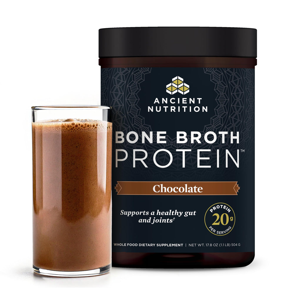 Ancient Nutrition envase frontal que muestra contenido y beneficios