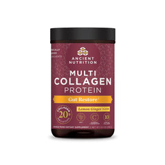 Ancient Nutrition envase frontal mostrando diseño y sabor limón jengibre, confianza de marca