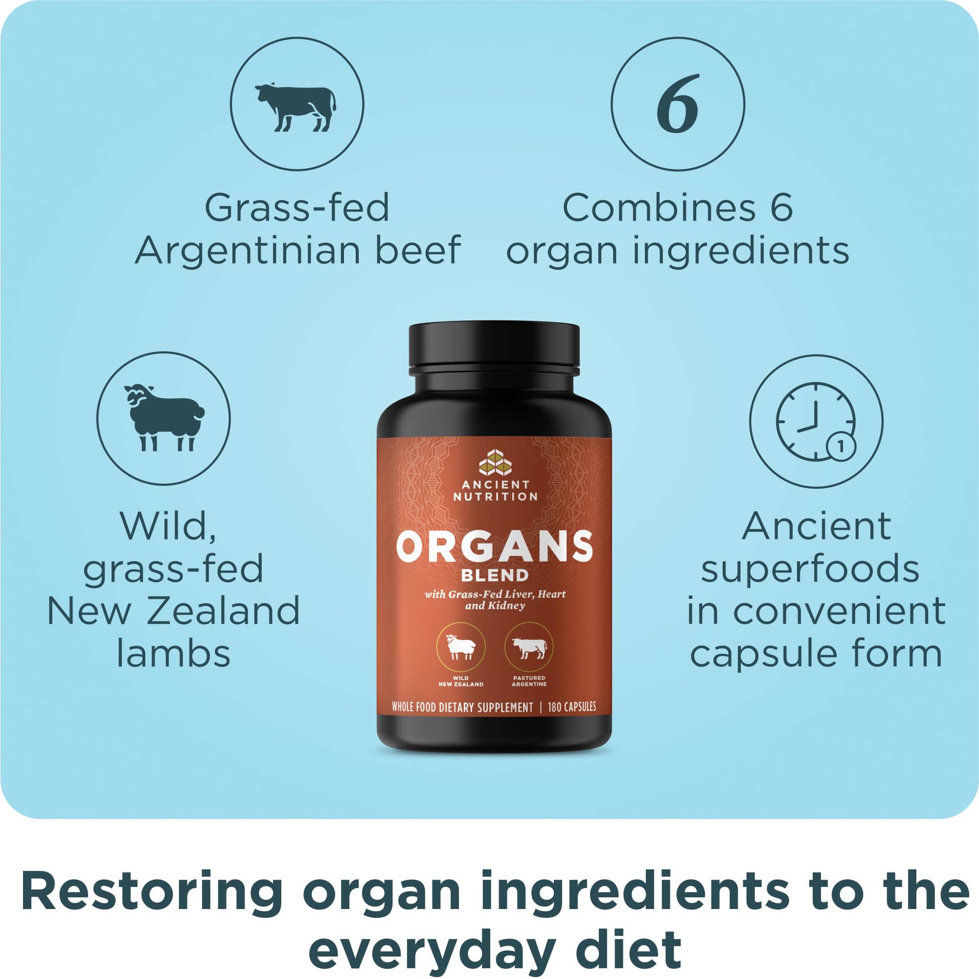 Ancient Nutrition ingredientes crudos de origen vacuno y ovino, trazabilidad clara