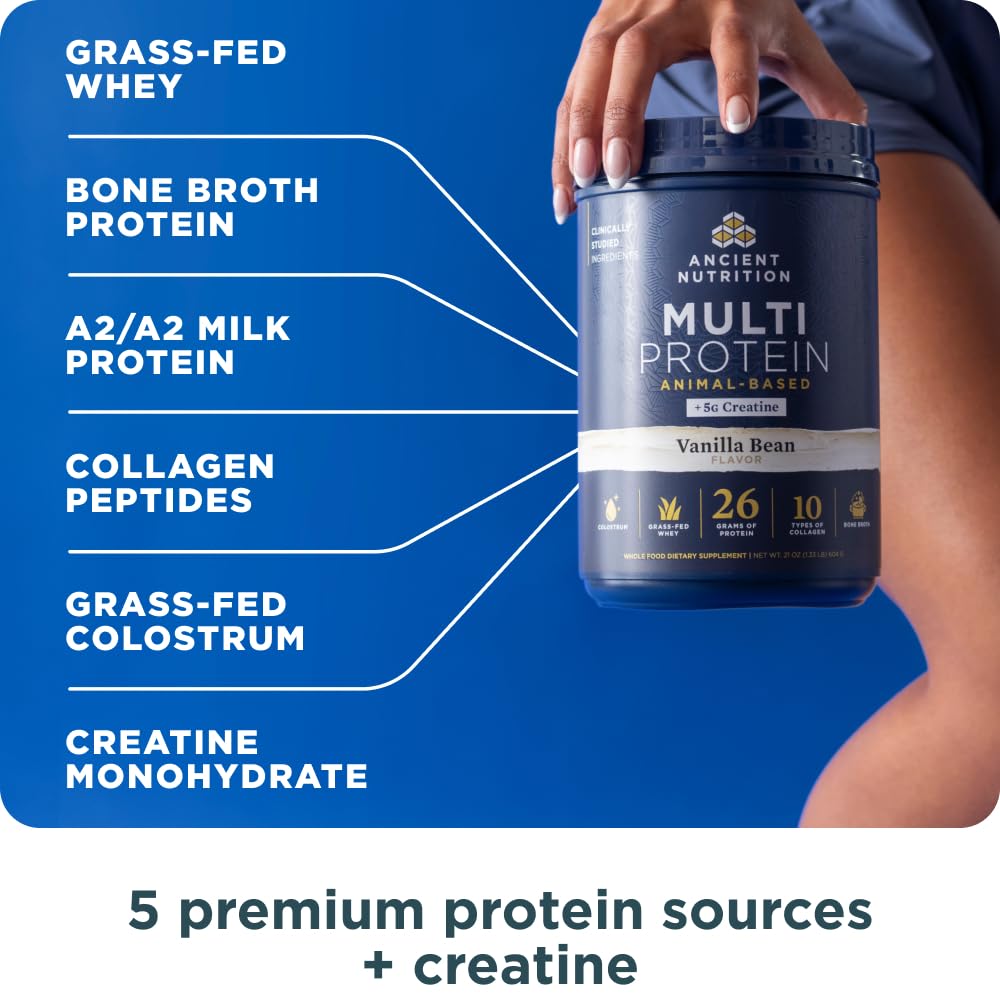 Ancient Nutrition vaso con batido listo, mezcla aportando proteína y creatina