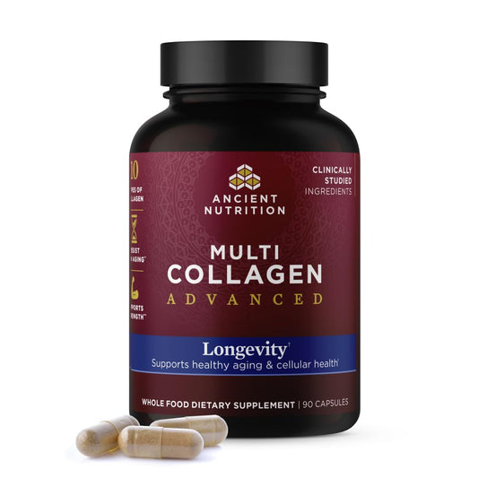 Ancient Nutrition Multi Collagen Advanced Longevity bottle with probiotics for daily vitality