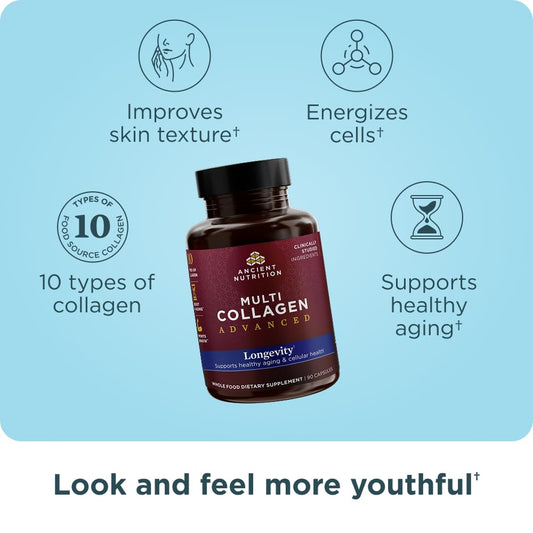 Ancient Nutrition Multi Collagen Advanced Longevity label highlighting probiotic blend