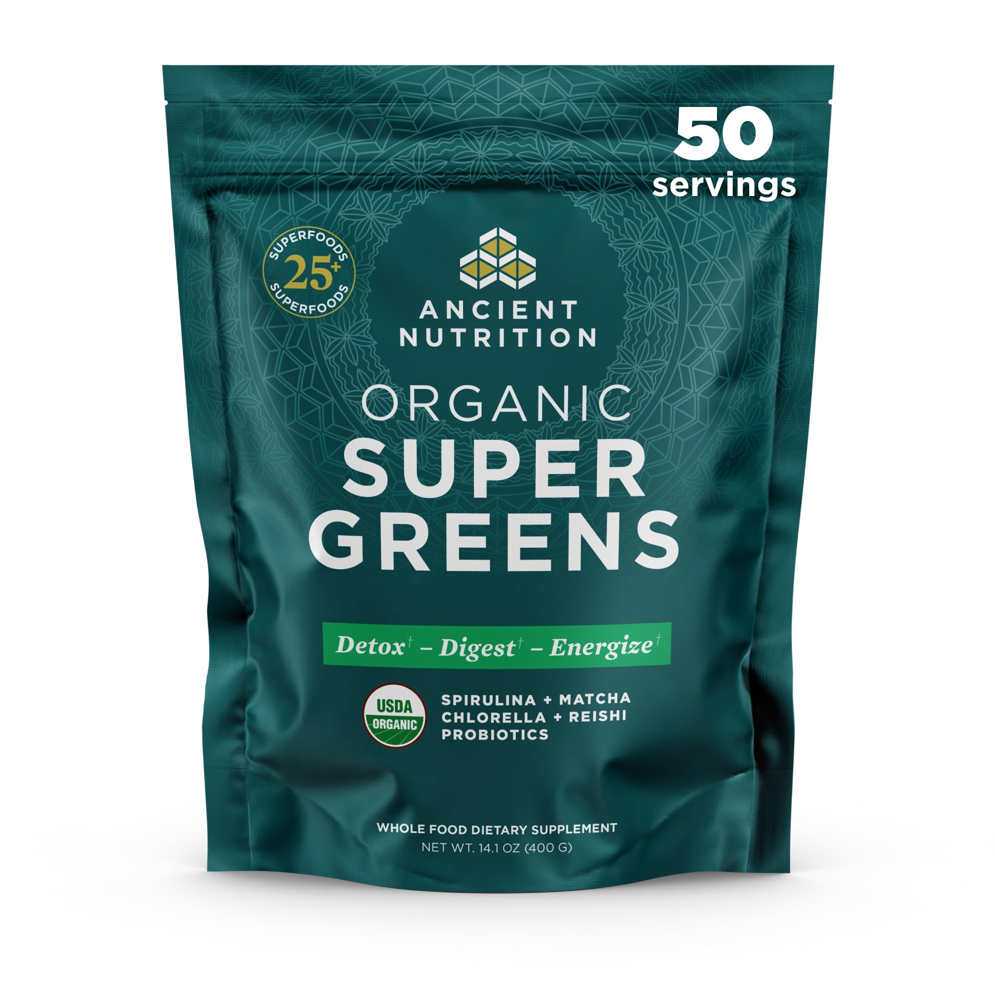 Ancient Nutrition frontal del envase mostrando sello orgánico y beneficios