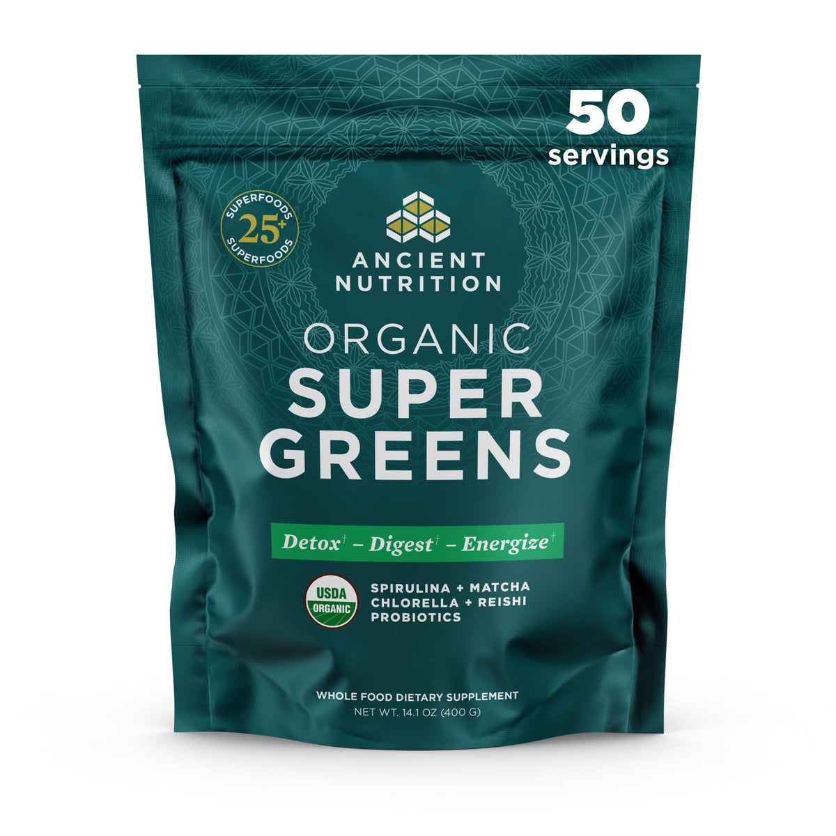 Ancient Nutrition frontal del envase mostrando sello orgánico y beneficios