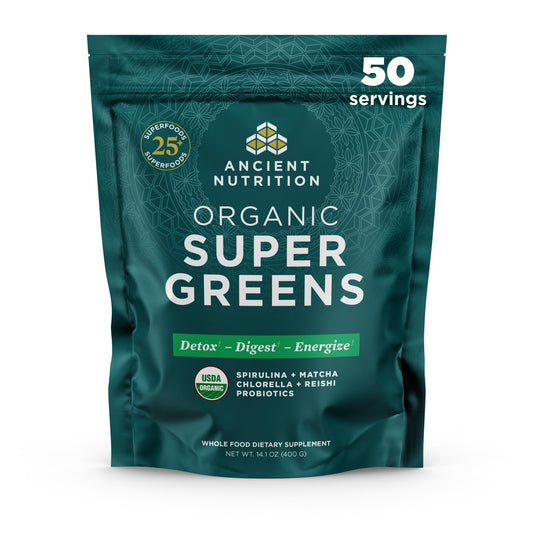 Ancient Nutrition frontal del envase mostrando sello orgánico y beneficios